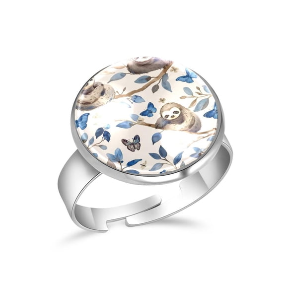 PhooArto Blue Butterflies Sloths Pattern Stainless Steel Rings for Women, Open Adjustable Ring Promise Ring Jewelry Gifts