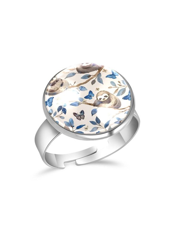 Blue Butterflies Sloths Pattern Stainless Steel Rings for Women, Open Adjustable Ring Promise Ring Jewelry Gifts
