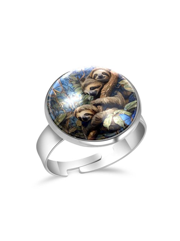 Blue Butterflies and Sloths Stainless Steel Rings for Women, Open Adjustable Ring Promise Ring Jewelry Gifts