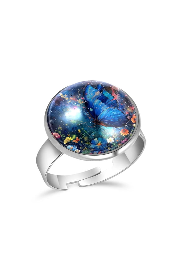 Blue Butterfly Dances Flowers Stainless Steel Rings for Women, Open Adjustable Ring Promise Ring Jewelry Gifts