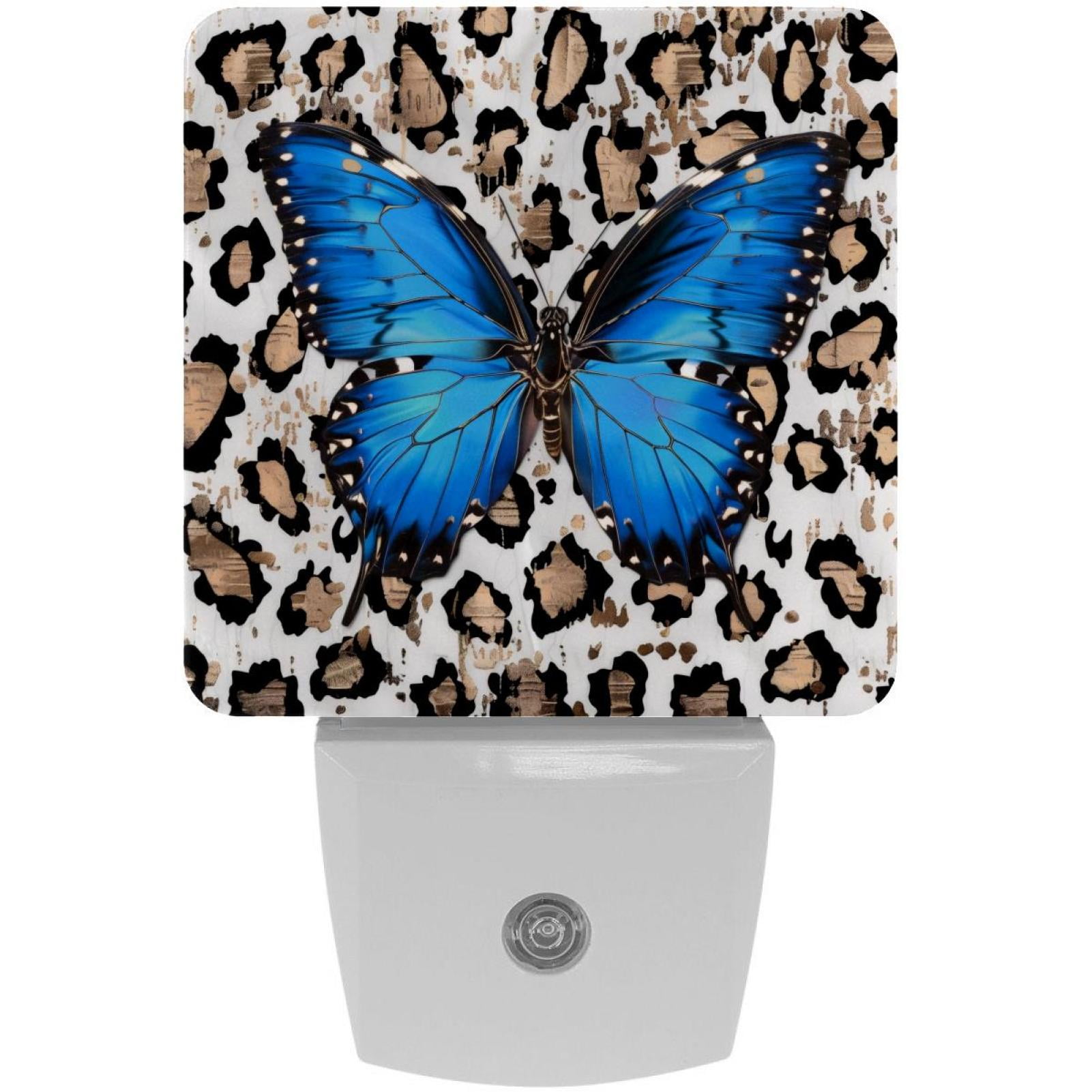 PhooArto Blue Butterfly and Leopard Print Plug in LED Night Light Auto Sensor Dusk to Dawn Decorative Night for Bedroom, Bathroom, Kitchen, Hallway, Stairs, Baby's Room, Energy Saving