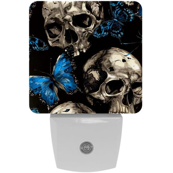 PhooArto Blue Butterfly Skull Pattern Plug in LED Night Light Auto Sensor Dusk to Dawn Decorative Night for Bedroom, Bathroom, Kitchen, Hallway, Stairs, Baby's Room, Energy Saving