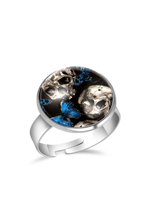Blue Butterfly Skull Pattern Stainless Steel Rings for Women, Open Adjustable Ring Promise Ring Jewelry Gifts