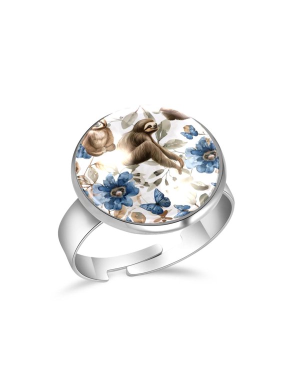 Blue Butterfly Sloths Pattern Stainless Steel Rings for Women, Open Adjustable Ring Promise Ring Jewelry Gifts