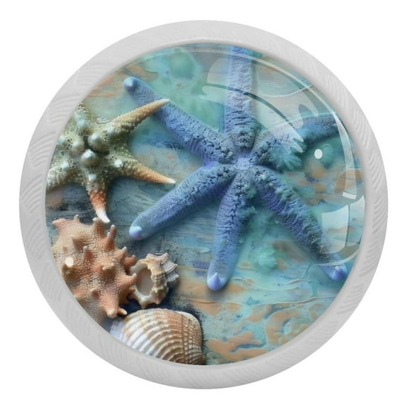 PhooArto Blue Coral Seashell Starfish 4 PCS Crystal Glass Cabinet Knobs, Drawer Kitchen Cabinets Dresser Cupboard Wardrobe Pulls Handle - Glowing in the Dark