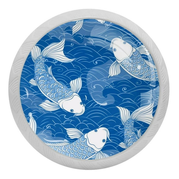 PhooArto Blue Fish Koi Wave Pattern 4 PCS Crystal Glass Cabinet Knobs, Drawer Kitchen Cabinets Dresser Cupboard Wardrobe Pulls Handle - Glowing in the Dark