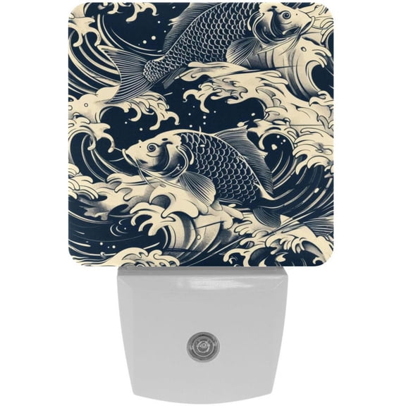 PhooArto Blue Fish Wave Pattern Plug in LED Night Light Auto Sensor Dusk to Dawn Decorative Night for Bedroom, Bathroom, Kitchen, Hallway, Stairs, Baby's Room, Energy Saving