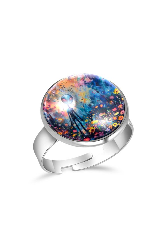 Blue Galaxy Alien Colorful Floral Stainless Steel Rings for Women, Open Adjustable Ring Promise Ring Jewelry Gifts