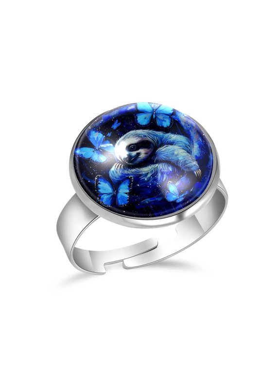 Blue Galaxy Butterflies Sloth Stainless Steel Rings for Women, Open Adjustable Ring Promise Ring Jewelry Gifts