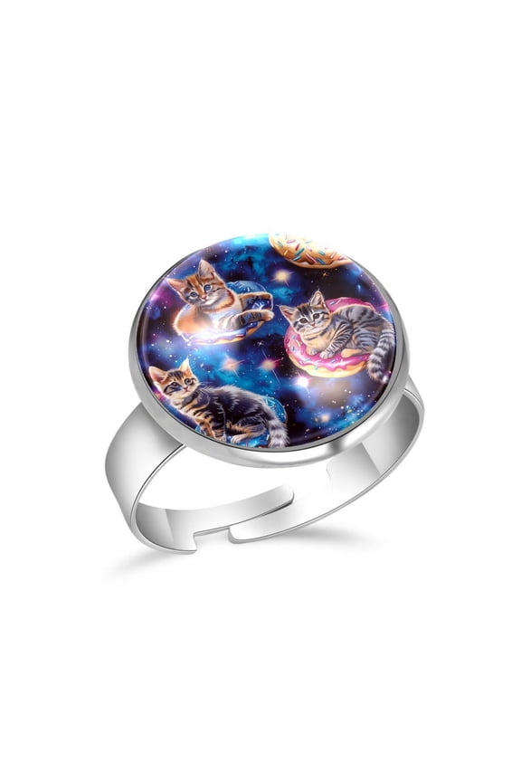 Blue Galaxy Cats Donuts Stainless Steel Rings for Women, Open Adjustable Ring Promise Ring Jewelry Gifts