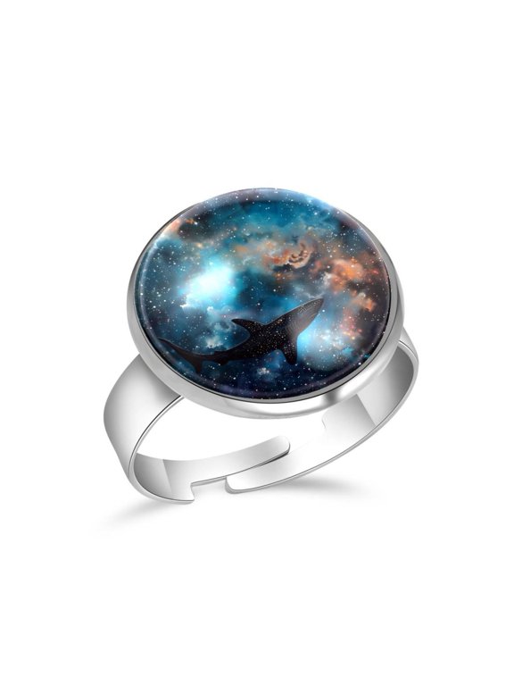 Blue Galaxy Swim Shark Stainless Steel Rings for Women, Open Adjustable Ring Promise Ring Jewelry Gifts