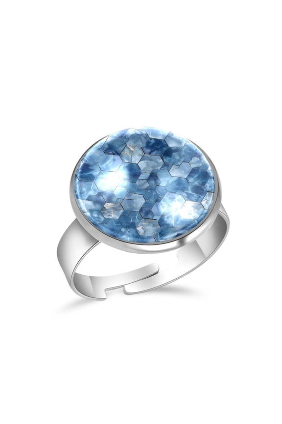 Blue Honeycomb Marble Pattern Stainless Steel Rings for Women, Open Adjustable Ring Promise Ring Jewelry Gifts