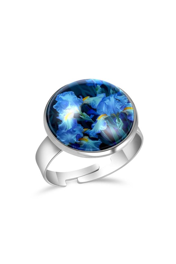 Blue Irises at Night Stainless Steel Rings for Women, Open Adjustable Ring Promise Ring Jewelry Gifts