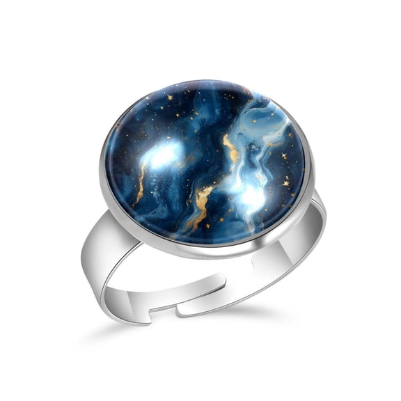 PhooArto Blue Marble Golden Stars Print Stainless Steel Rings for Women, Open Adjustable Ring Promise Ring Jewelry Gifts
