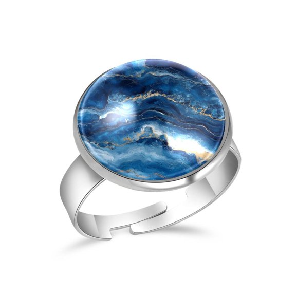 PhooArto Blue Marble Pattern Stainless Steel Rings for Women, Open Adjustable Ring Promise Ring Jewelry Gifts