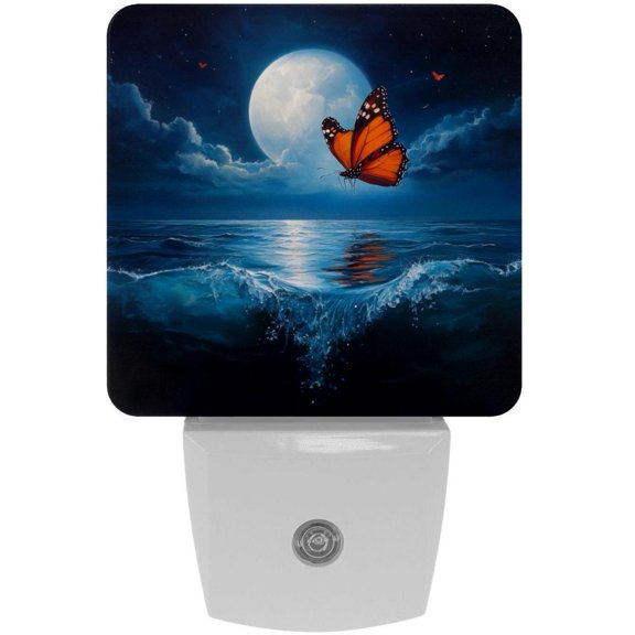 PhooArto Blue Ocean Full Moon Butterfly Plug in LED Night Light Auto Sensor Dusk to Dawn Decorative Night for Bedroom, Bathroom, Kitchen, Hallway, Stairs, Baby's Room, Energy Saving