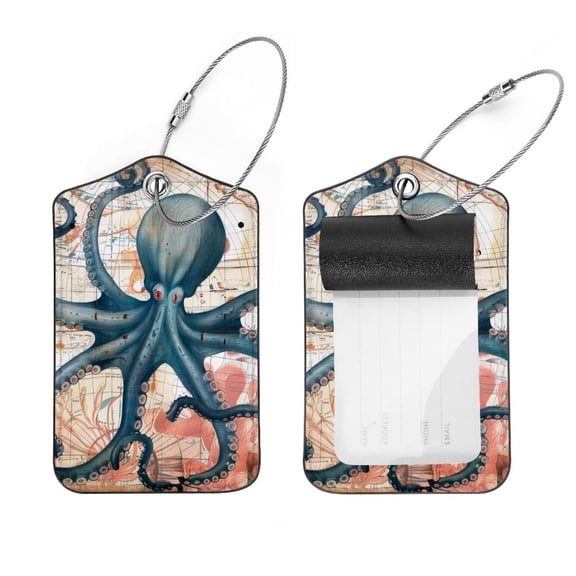 PhooArto Blue Octopus and Map Luggage Tags with Stainless Steel Loop, 2 Pack Luggage Tag Holders for Travel Luggage Baggage Identifier