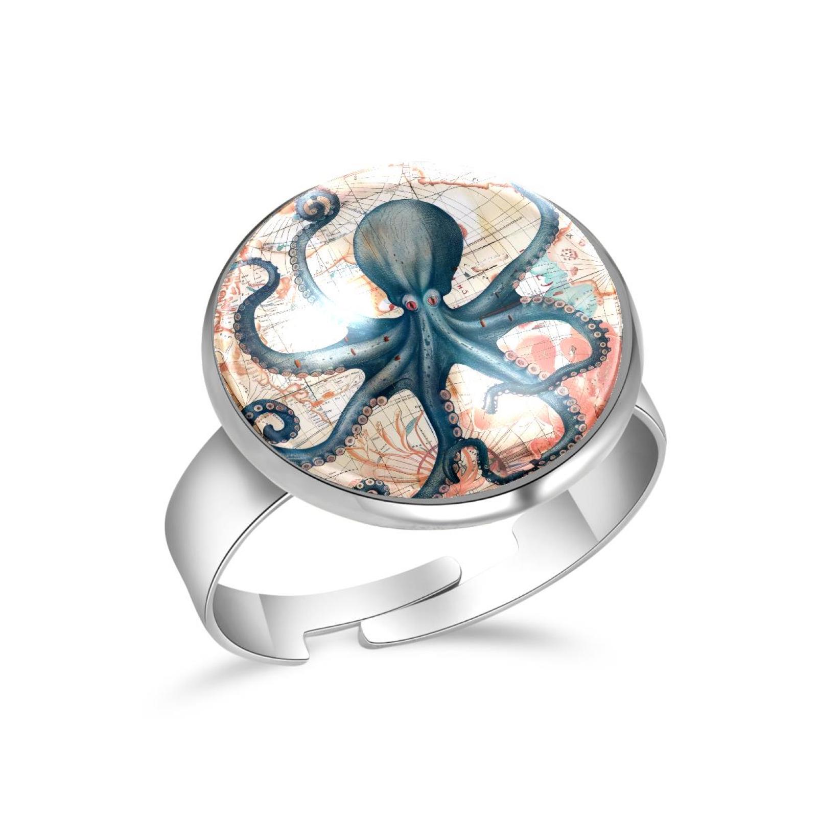 PhooArto Blue Octopus and Map Stainless Steel Rings for Women, Open ...