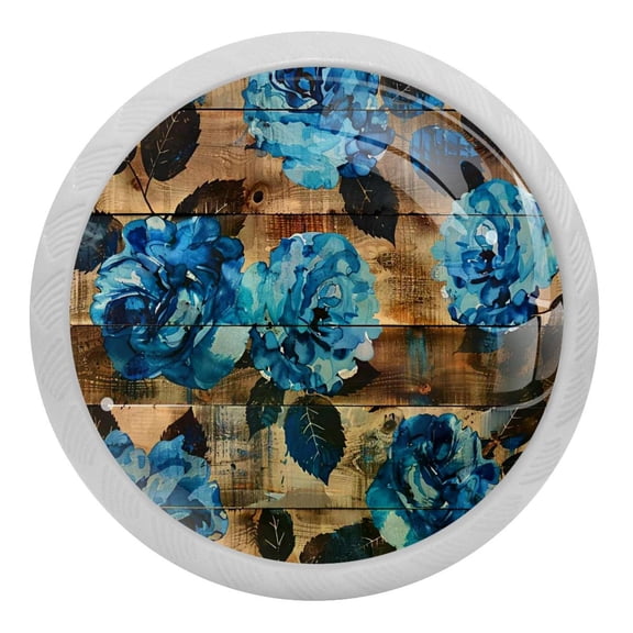 PhooArto Blue Roses Pattern Rustic Wood 4 PCS Crystal Glass Cabinet Knobs, Drawer Kitchen Cabinets Dresser Cupboard Wardrobe Pulls Handle - Glowing in the Dark
