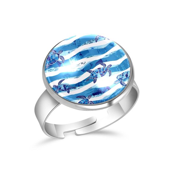 PhooArto Blue Sea Turtles Wave Stripe Pattern Stainless Steel Rings for Women, Open Adjustable Ring Promise Ring Jewelry Gifts