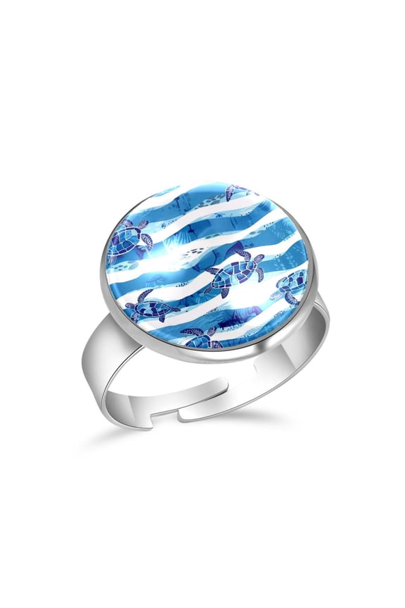 Blue Sea Turtles Wave Stripe Pattern Stainless Steel Rings for Women, Open Adjustable Ring Promise Ring Jewelry Gifts