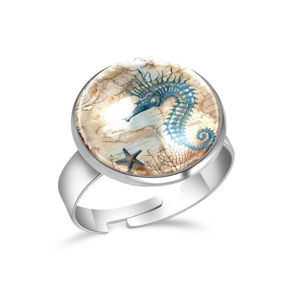 PhooArto Blue Seahorse and Map Stainless Steel Rings for Women, Open Adjustable Ring Promise Ring Jewelry Gifts