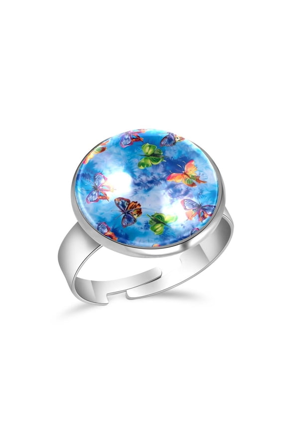 Blue Tie Dye Butterfly Pattern Stainless Steel Rings for Women, Open Adjustable Ring Promise Ring Jewelry Gifts