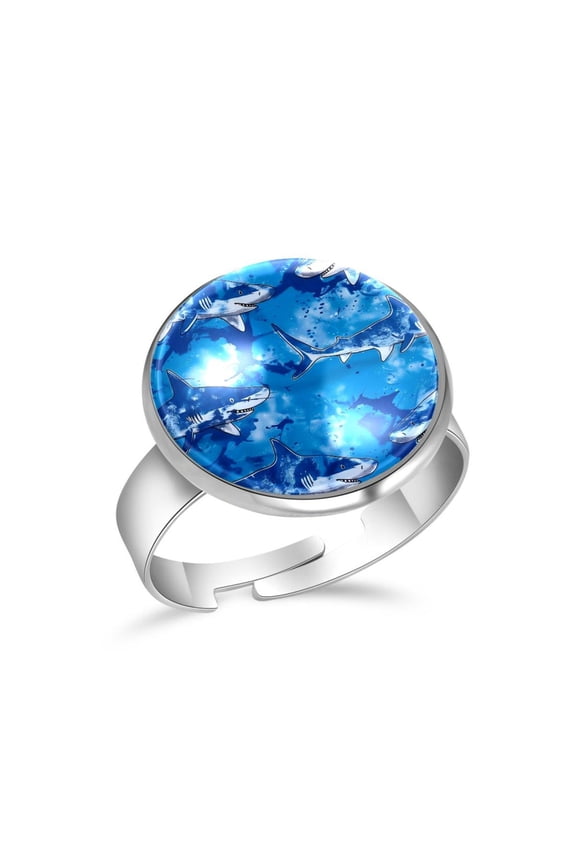 Blue Tie Dye Sharks Stainless Steel Rings for Women, Open Adjustable Ring Promise Ring Jewelry Gifts