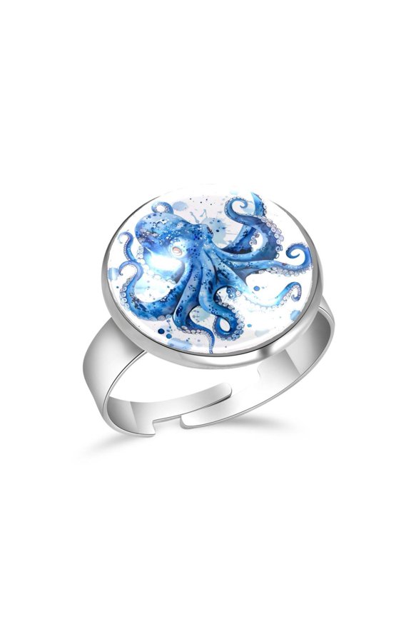 Blue Watercolor Octopus illustration Stainless Steel Rings for Women, Open Adjustable Ring Promise Ring Jewelry Gifts