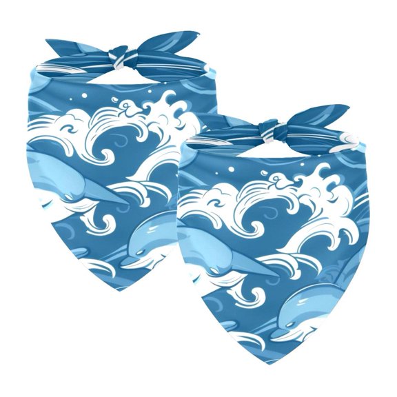 PhooArto Blue Wave Cute Dolphin Pattern Dog Bandanas, 2 Pack Soft Washable Pet Scarf Triangle for Large Dogs Puppies and Cats