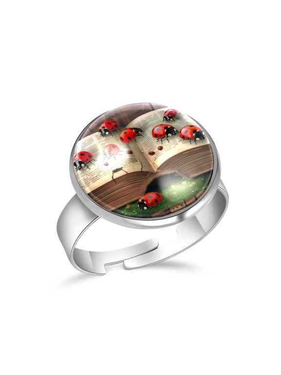 Book Ladybugs Daisy Stainless Steel Rings for Women, Open Adjustable Ring Promise Ring Jewelry Gifts