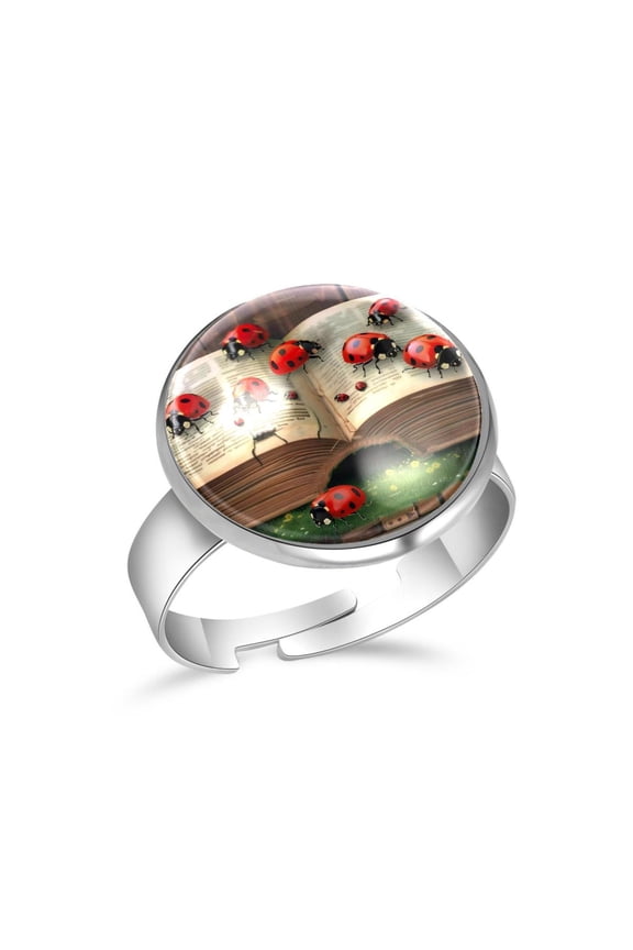 Book Ladybugs Daisy Stainless Steel Rings for Women, Open Adjustable Ring Promise Ring Jewelry Gifts