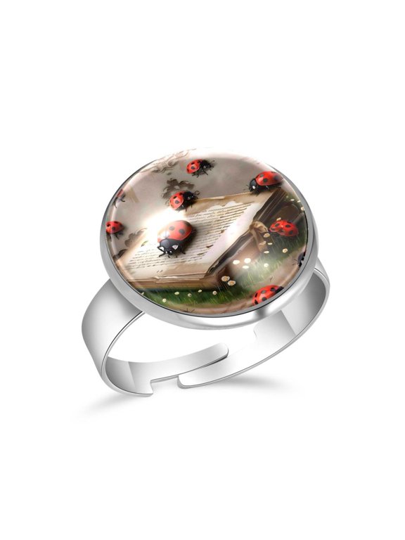 Book Ladybugs Little Daisy Stainless Steel Rings for Women, Open Adjustable Ring Promise Ring Jewelry Gifts