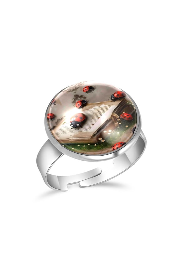 Book Ladybugs Little Daisy Stainless Steel Rings for Women, Open Adjustable Ring Promise Ring Jewelry Gifts