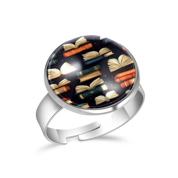 PhooArto Bookish Pattern Stainless Steel Rings for Women, Open Adjustable Ring Promise Ring Jewelry Gifts