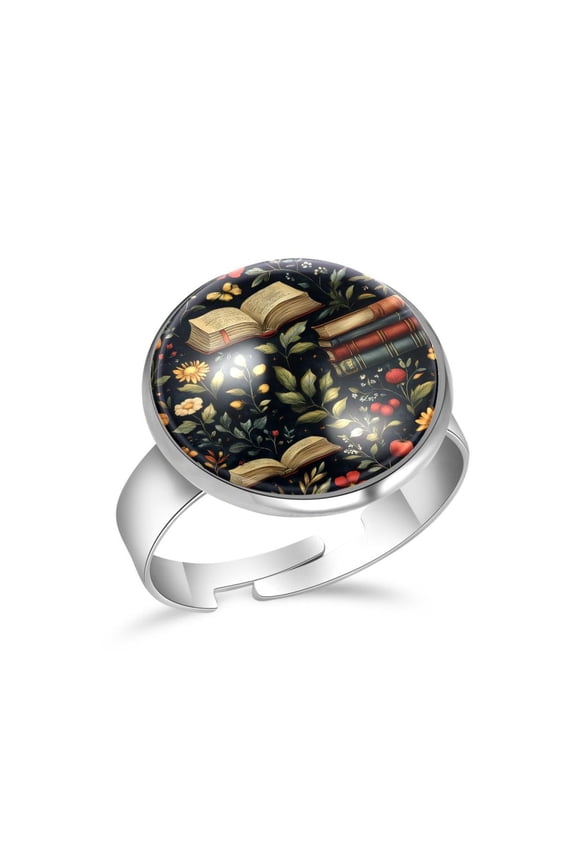 Bookish and Flowers Stainless Steel Rings for Women, Open Adjustable Ring Promise Ring Jewelry Gifts