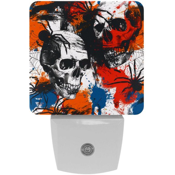 PhooArto Bright Skulls Spiders Pattern Plug in LED Night Light Auto Sensor Dusk to Dawn Decorative Night for Bedroom, Bathroom, Kitchen, Hallway, Stairs, Baby's Room, Energy Saving