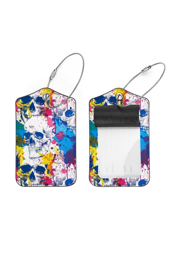Bright Skulls Splash Pattern Luggage Tags with Stainless Steel Loop, 2 Pack Luggage Tag Holders for Travel Luggage Baggage Identifier
