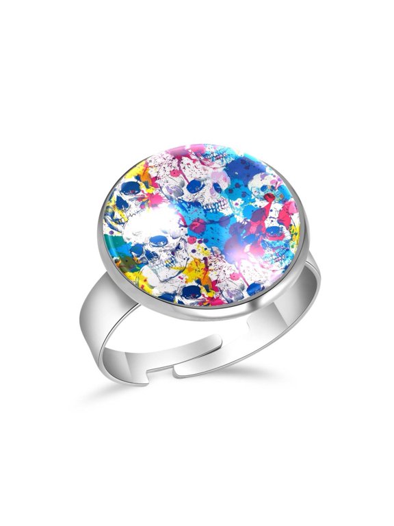 Bright Skulls Splash Pattern Stainless Steel Rings for Women, Open Adjustable Ring Promise Ring Jewelry Gifts