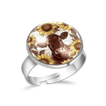 PhooArto Brown Cow and Sunflower Stainless Steel Rings for Women, Open Adjustable Ring Promise Ring Jewelry Gifts