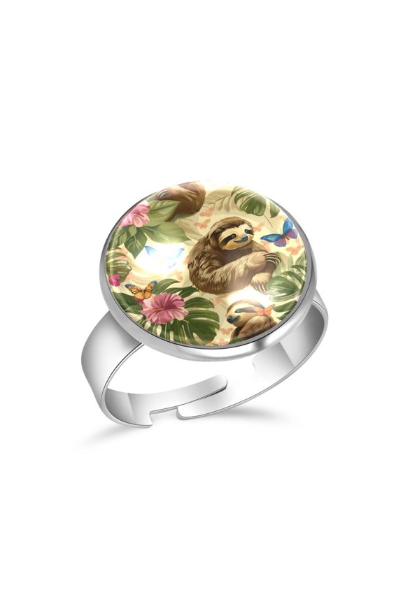 Butterflies Sloths Pattern Stainless Steel Rings for Women, Open Adjustable Ring Promise Ring Jewelry Gifts