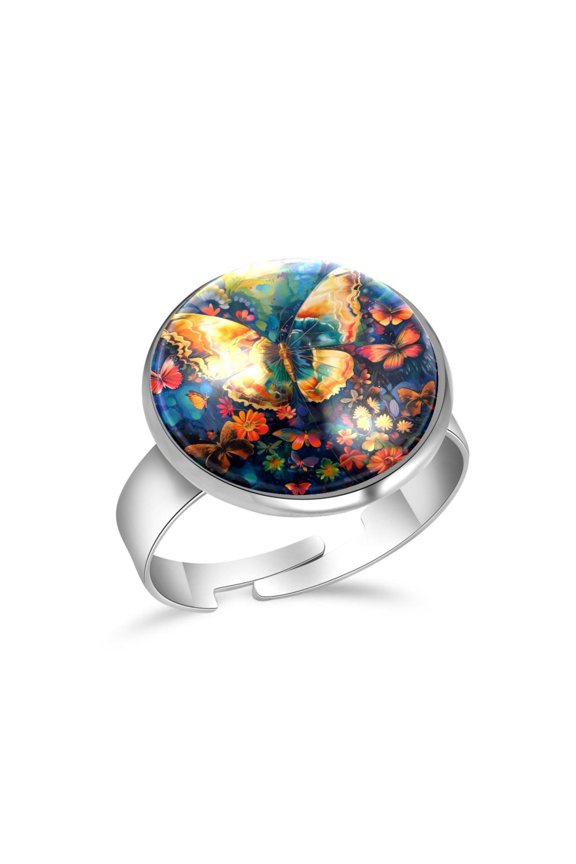 Butterfly Flower Art Pattern Stainless Steel Rings for Women, Open Adjustable Ring Promise Ring Jewelry Gifts