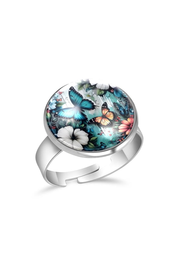 Butterfly and Flowers Stainless Steel Rings for Women, Open Adjustable Ring Promise Ring Jewelry Gifts
