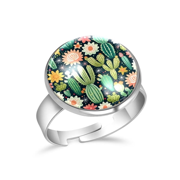 PhooArto Cactus Cacti Flower Pattern Stainless Steel Rings for Women, Open Adjustable Ring Promise Ring Jewelry Gifts