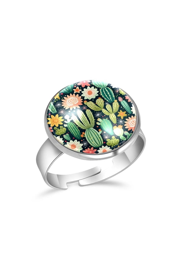 Cactus Cacti Flower Pattern Stainless Steel Rings for Women, Open Adjustable Ring Promise Ring Jewelry Gifts