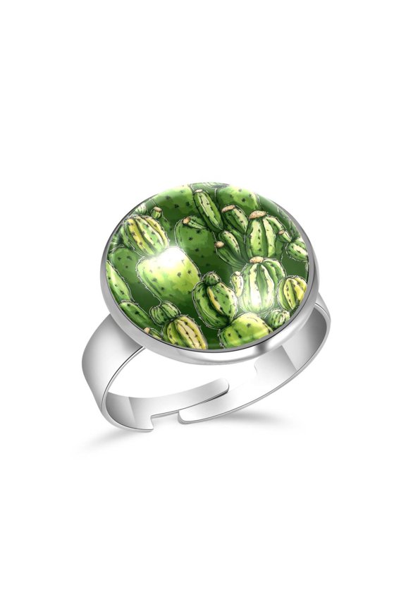Cactus Green Pattern Stainless Steel Rings for Women, Open Adjustable Ring Promise Ring Jewelry Gifts