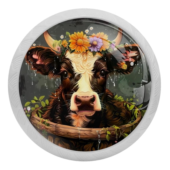 PhooArto Calf Cow with Flowers Wreath 4 PCS Crystal Glass Cabinet Knobs, Drawer Kitchen Cabinets Dresser Cupboard Wardrobe Pulls Handle - Glowing in the Dark