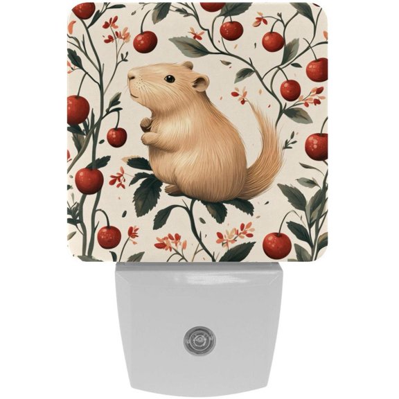 PhooArto Capybaras and Cherries Pattern Plug in LED Night Light Auto Sensor Dusk to Dawn Decorative Night for Bedroom, Bathroom, Kitchen, Hallway, Stairs, Baby's Room, Energy Saving