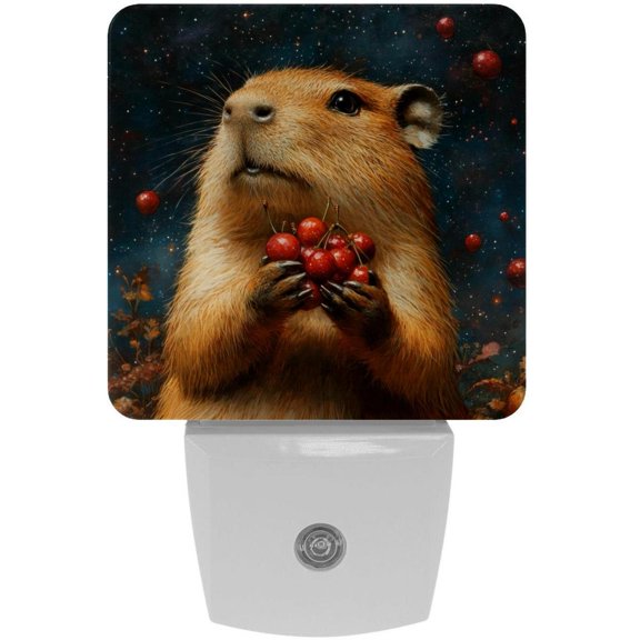 PhooArto Capybaras Cherries Space Galaxy Plug in LED Night Light Auto Sensor Dusk to Dawn Decorative Night for Bedroom, Bathroom, Kitchen, Hallway, Stairs, Baby's Room, Energy Saving