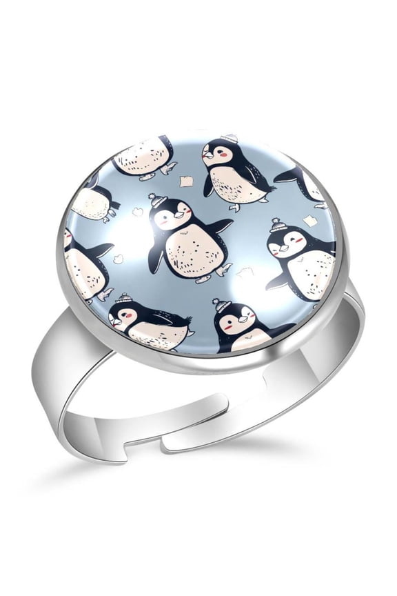 Cartoon Cute Penguin Pattern Stainless Steel Rings for Women, Open Adjustable Ring Promise Ring Jewelry Gifts